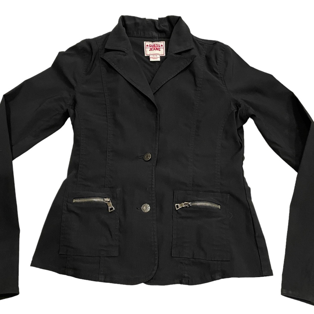 Guess Jeans Vintage Women's Cropped Black Blazer w/ Buttons & Zip Pockets Size M